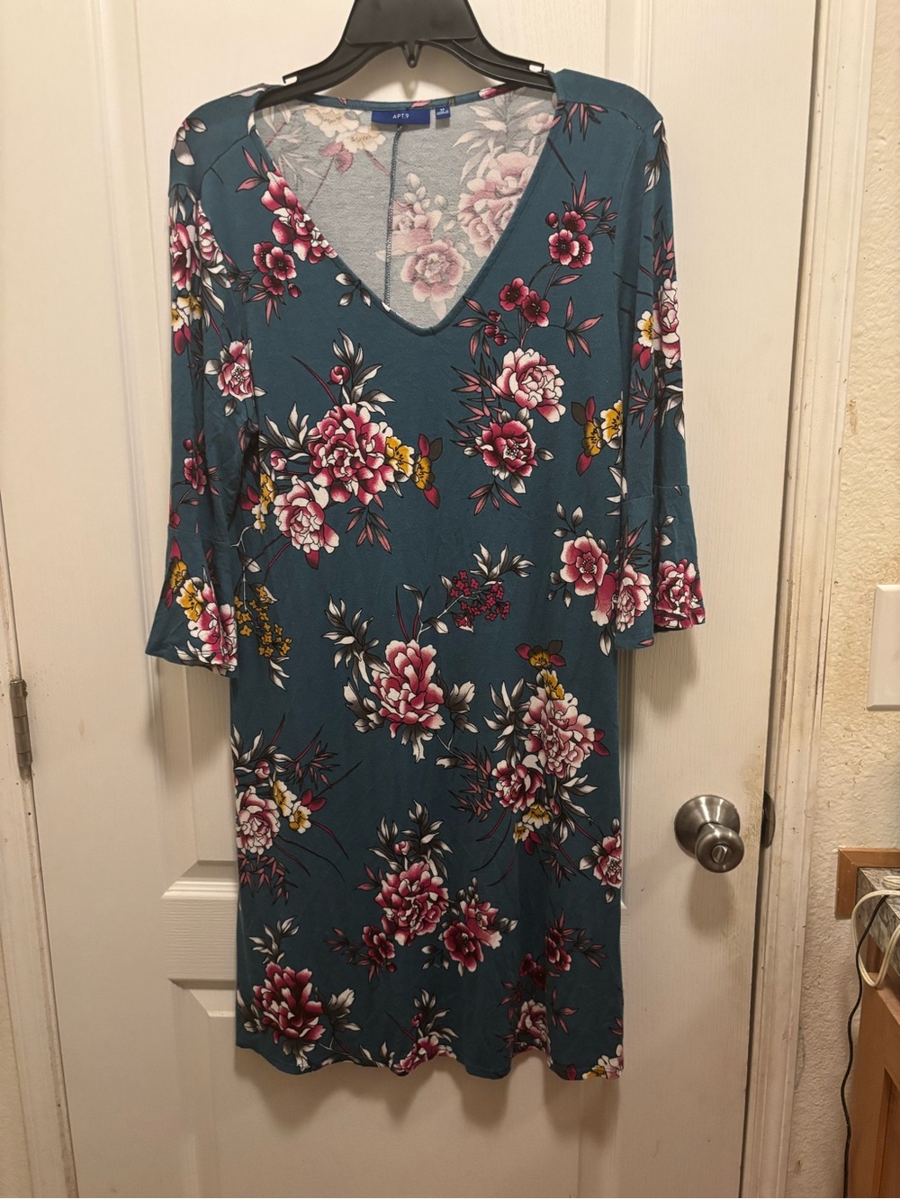 Apt. 9 Teal Floral V-Neck Midi Dress with Pink Blooms